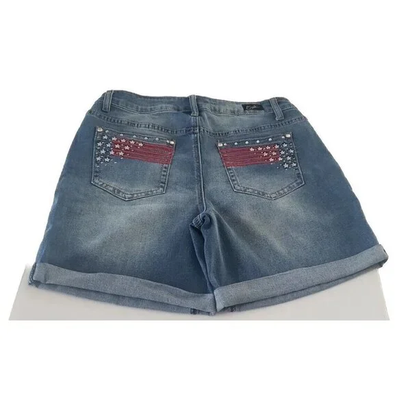 NEW EARL JEANS USA FLAG EMBROIDERED EMBELLISHED POCKET SHORTS SZ 10 - Picture 2 of 7